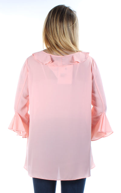 MAX STUDIO Womens Pink Ruffled Tie Long Sleeve Jewel Neck Top