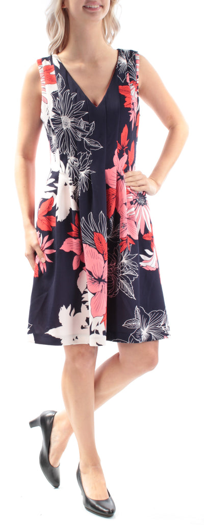 VINCE CAMUTO Womens Navy Floral Sleeveless V Neck Above The Knee Dress