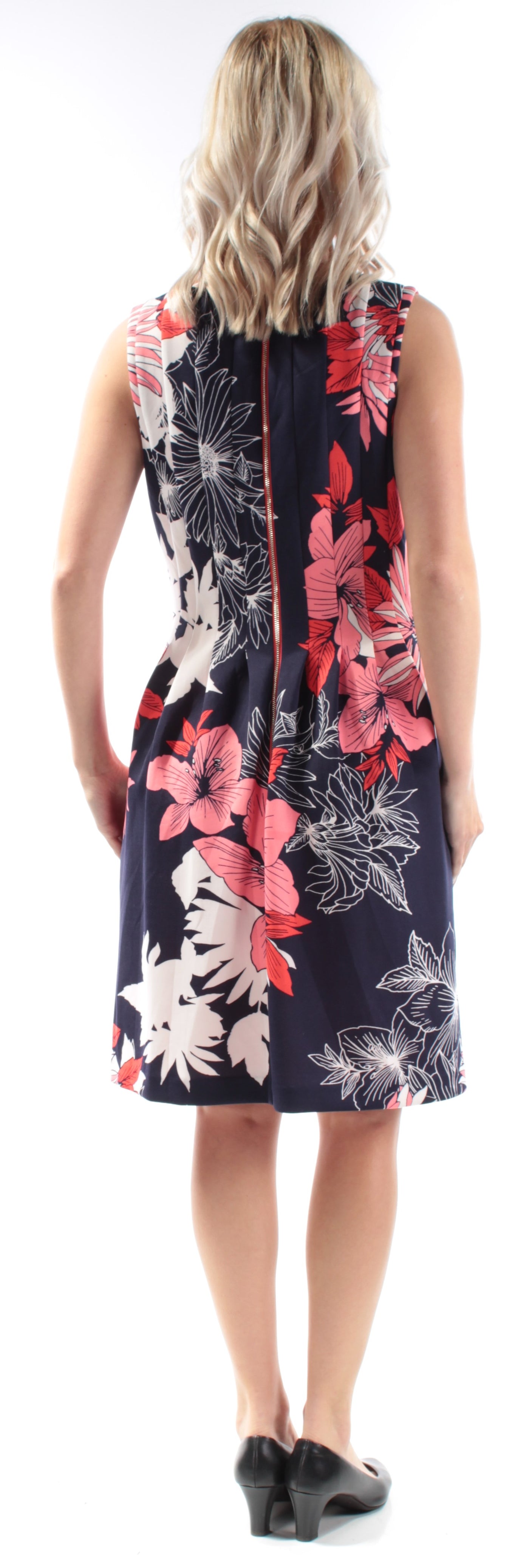 VINCE CAMUTO Womens Navy Floral Sleeveless V Neck Above The Knee Dress