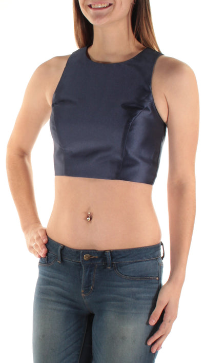 XSCAPE Womens Navy Sleeveless Jewel Neck Crop Top