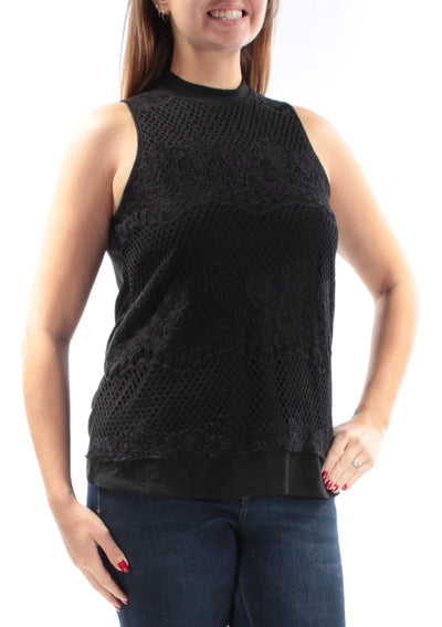 BELLE DU JOUR Womens Black Lace Sleeveless Crew Neck Top