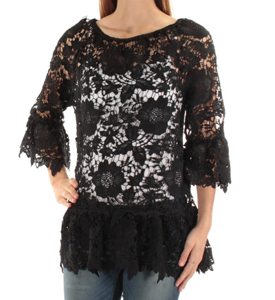 ALFANI Womens Black Sheer Embroidered W/o Cami Floral Bell Sleeve Jewel Neck Top