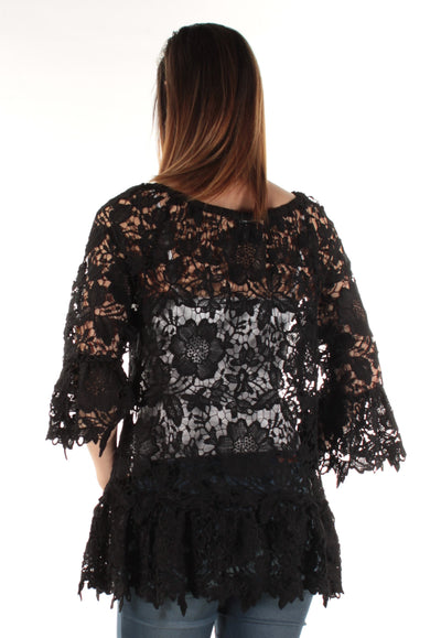 ALFANI Womens Black Sheer Embroidered W/o Cami Floral Bell Sleeve Jewel Neck Top