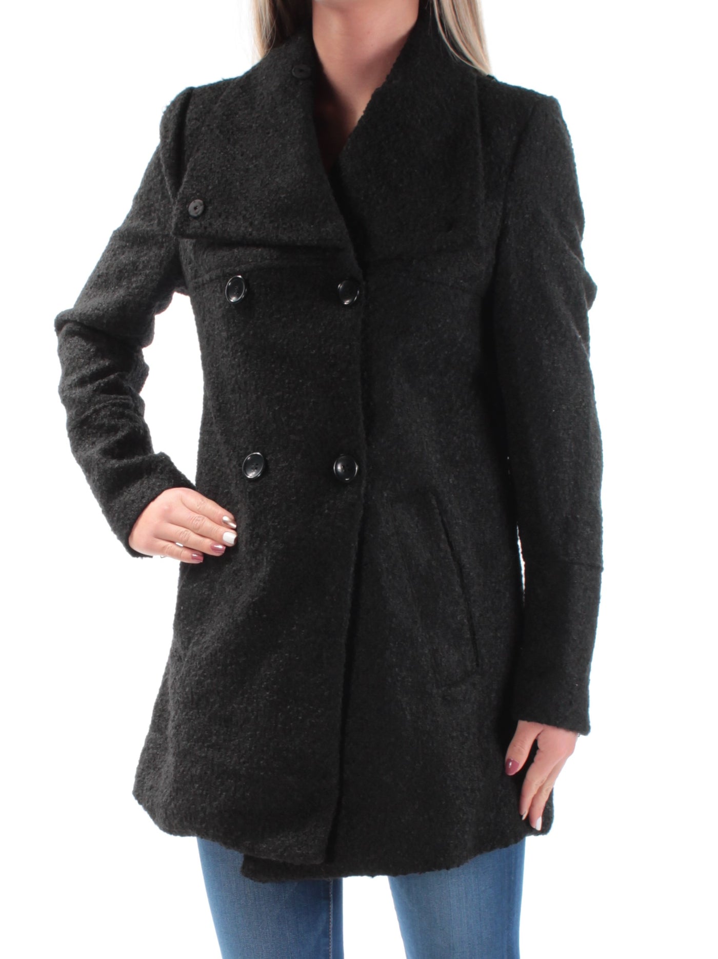 MARALYN & ME Womens Black Double Breasted Asymmetrical Neckline Peacoat Winter Jacket