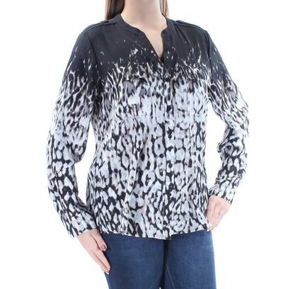 CALVIN KLEIN Womens Black Pocketed Animal Print Cuffed V Neck Button Up Top S