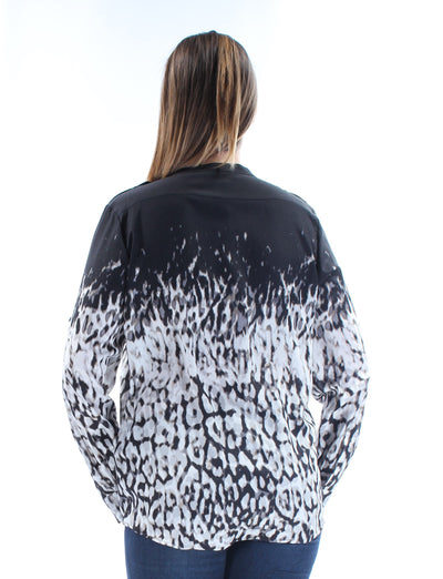 CALVIN KLEIN Womens Black Pocketed Animal Print Cuffed V Neck Button Up Top S