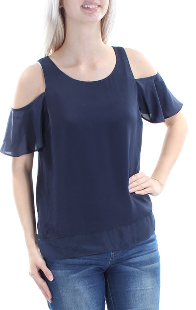 BAR III Womens Navy Cold Shoulder Short Sleeve Scoop Neck Top