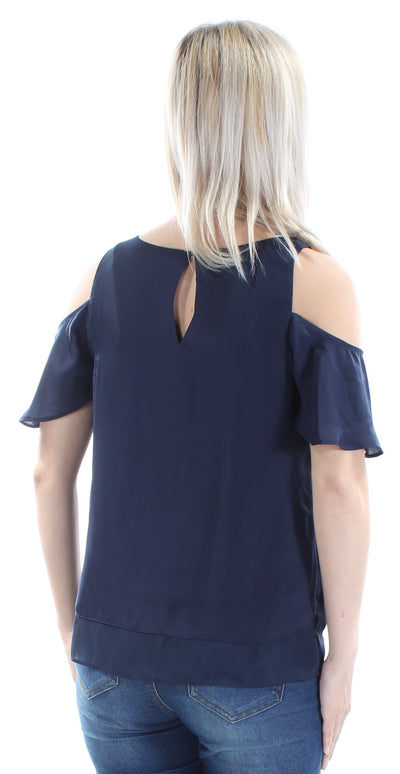 BAR III Womens Navy Cold Shoulder Short Sleeve Scoop Neck Top