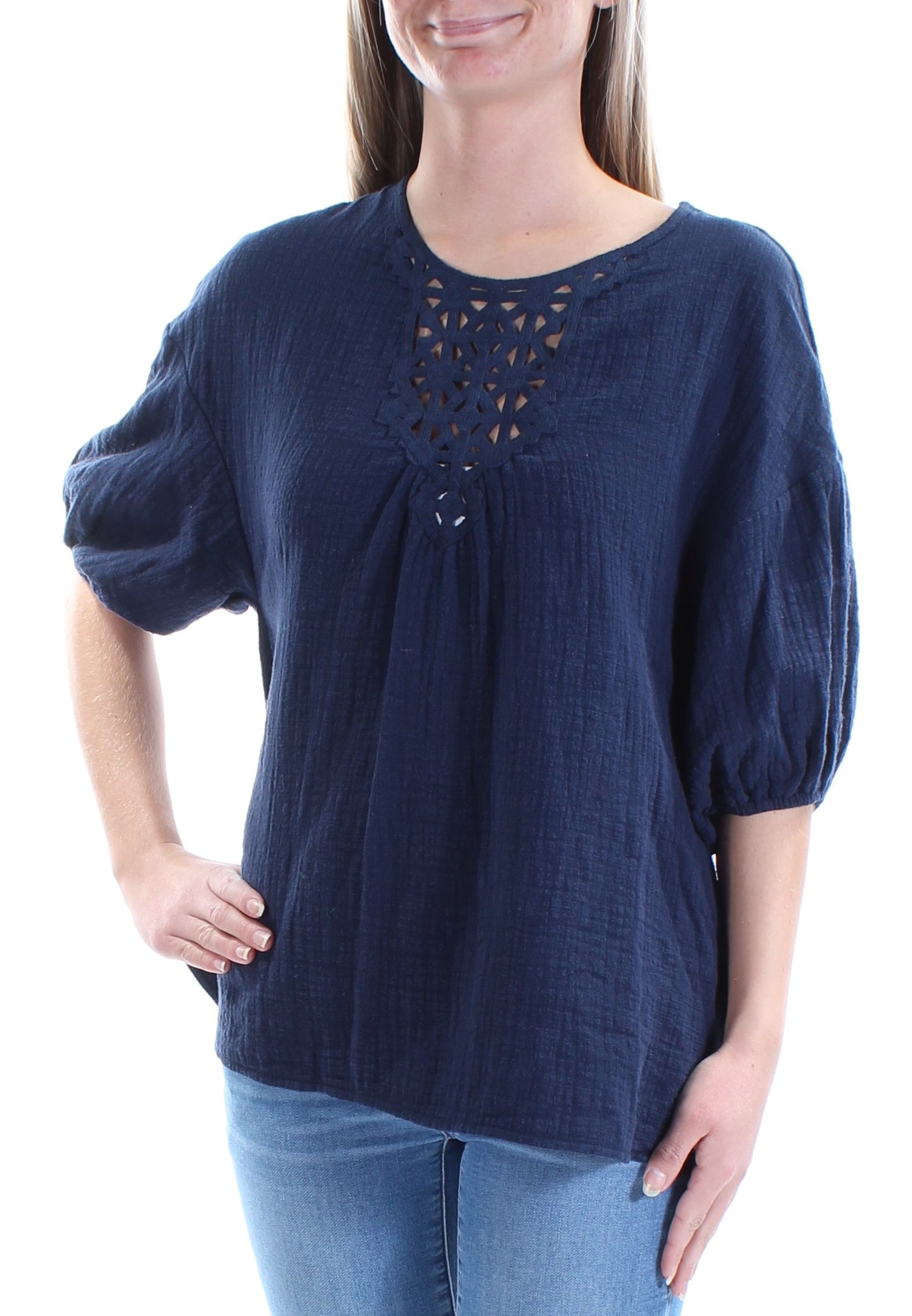 MAX STUDIO Womens Navy Embroidered 3/4 Sleeve Jewel Neck Top