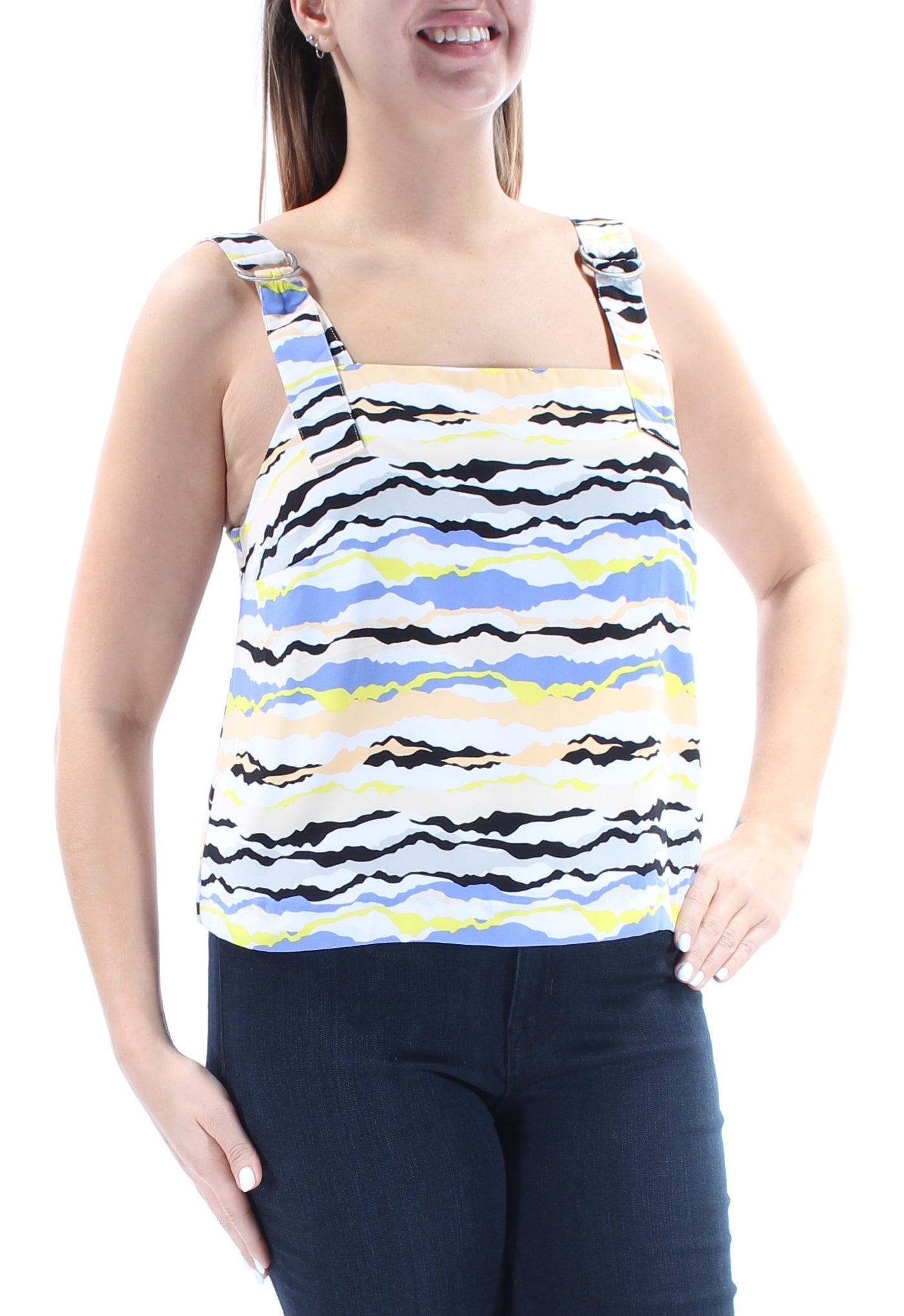 KENSIE Womens White Striped Sleeveless Square Neck Top