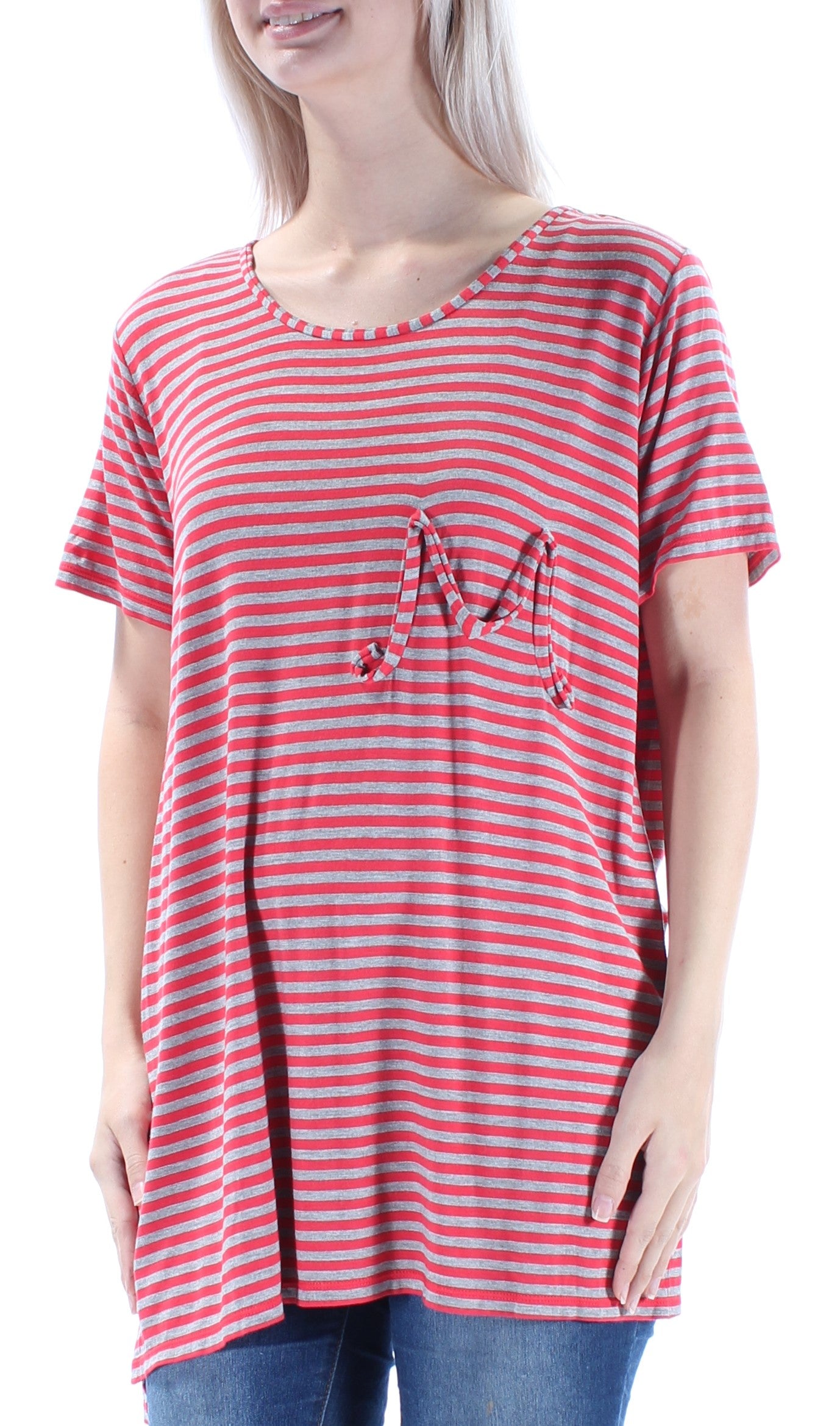 MAX STUDIO Womens Striped Short Sleeve Jewel Neck Top