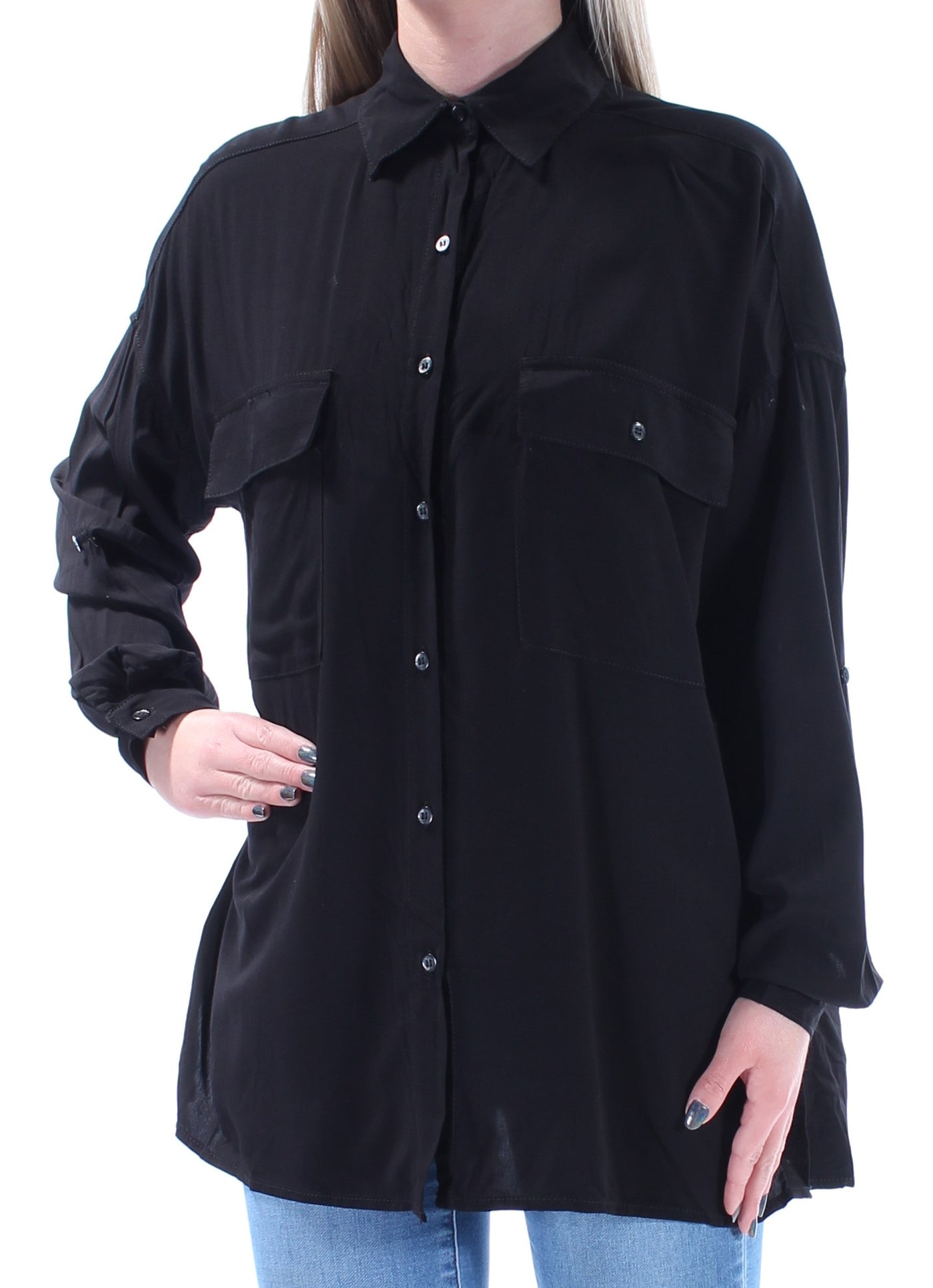 MAX STUDIO Womens Black Pocketed Cuffed Sleeve Collared Button Up Top