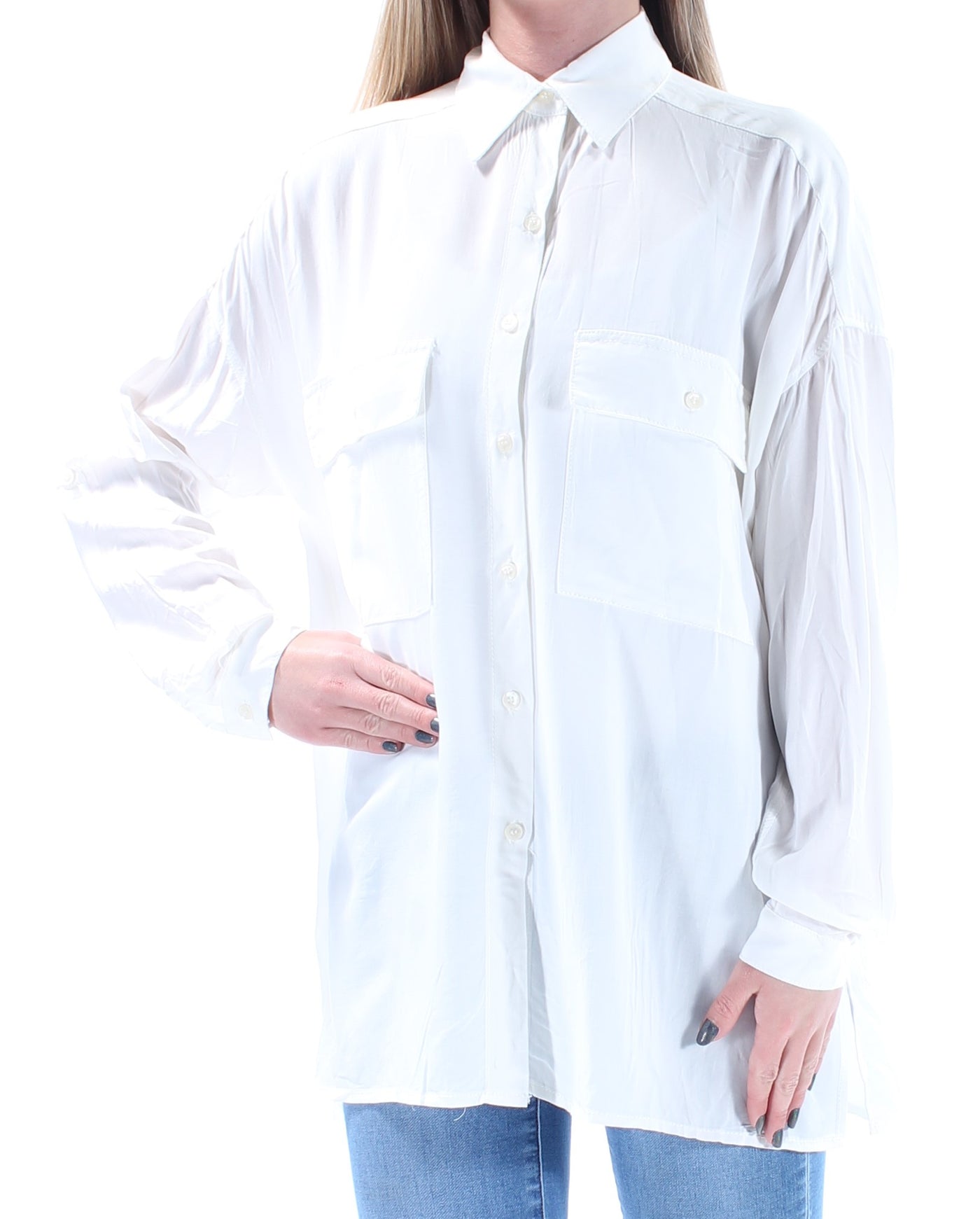MAX STUDIO Womens White Pocketed Cuffed Sleeve Collared Button Up Top