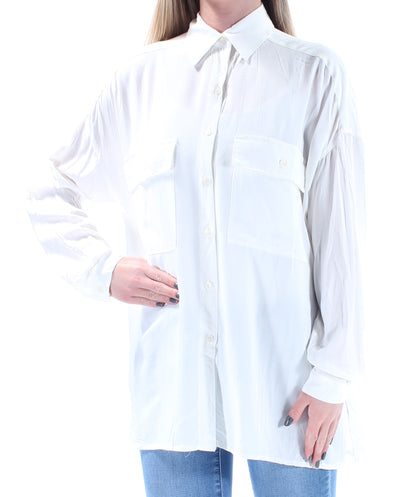MAX STUDIO Womens White Pocketed Cuffed Sleeve Collared Button Up Top