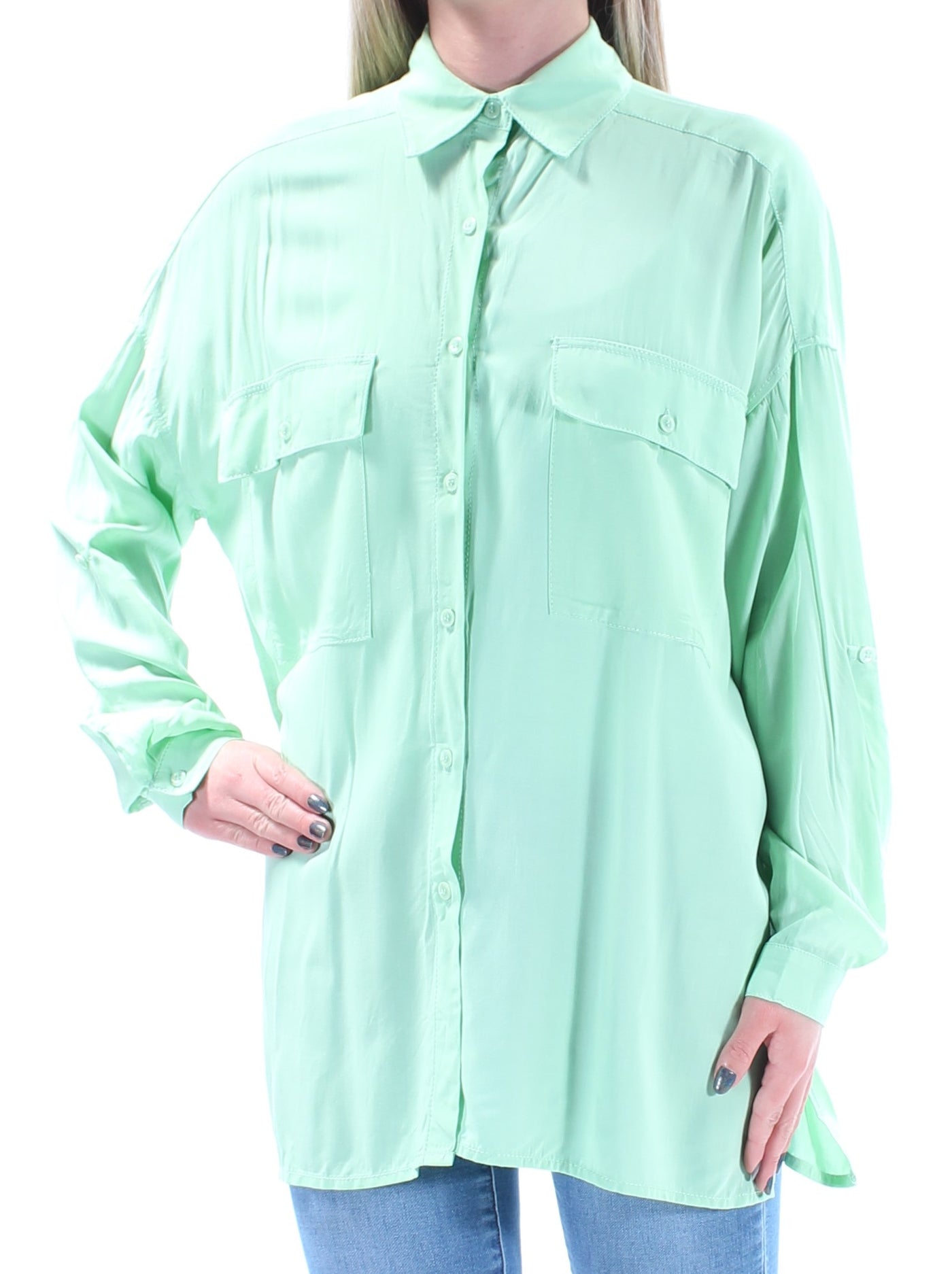 MAX STUDIO Womens Pocketed Cuffed Collared Button Up Top