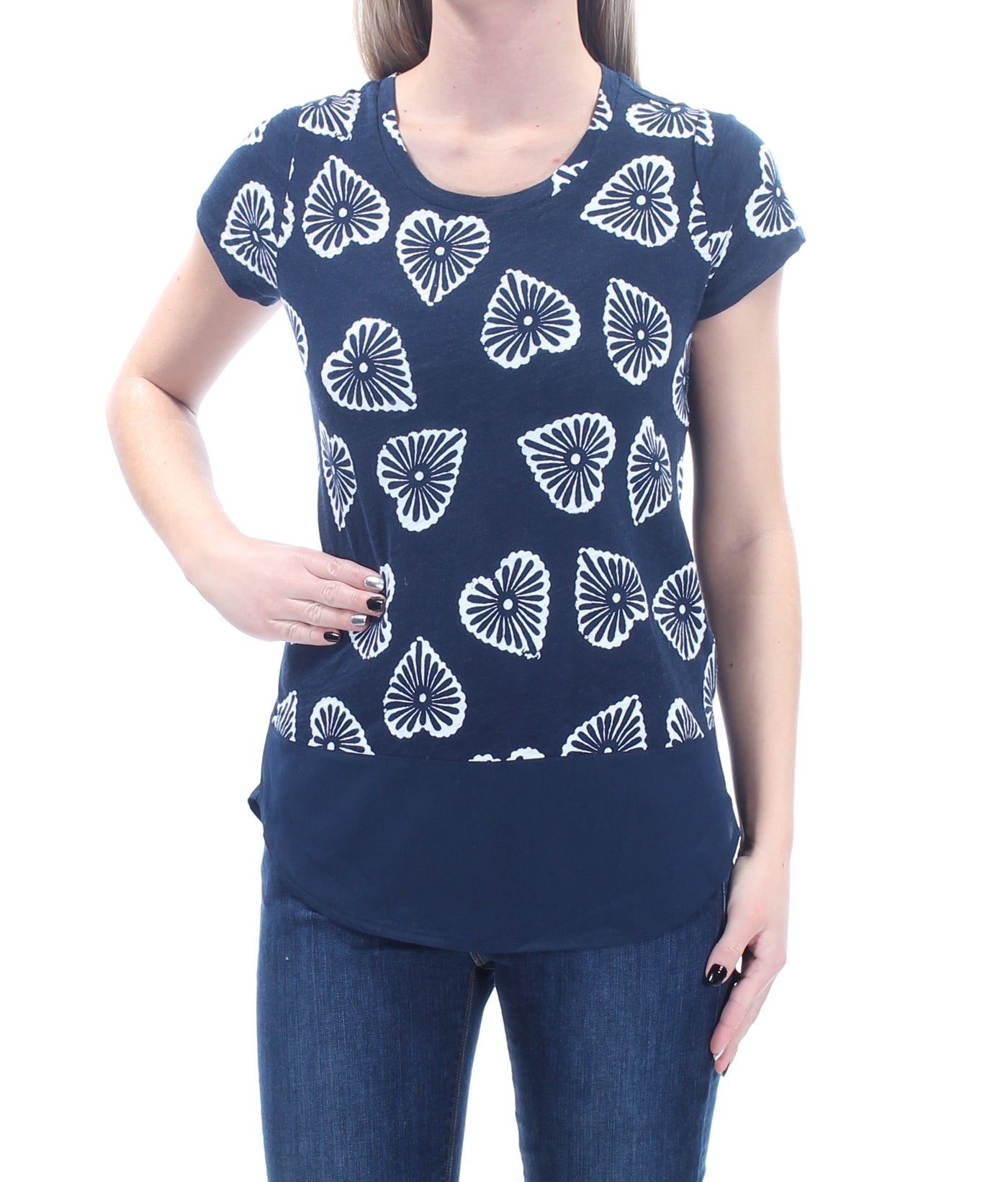 MAISON JULES Womens Navy Hearts Short Sleeve Jewel Neck Top