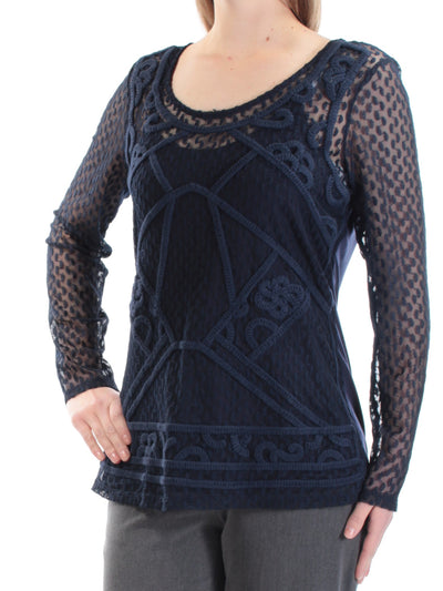 INC Womens Navy Long Sleeve Jewel Neck Top