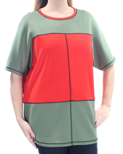 ANNE KLEIN Womens Green Color Block Short Sleeve Jewel Neck Top