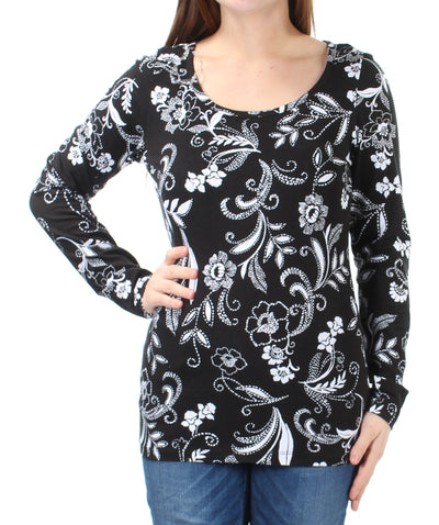 ENERGIE Womens Black Floral Long Sleeve Jewel Neck Top