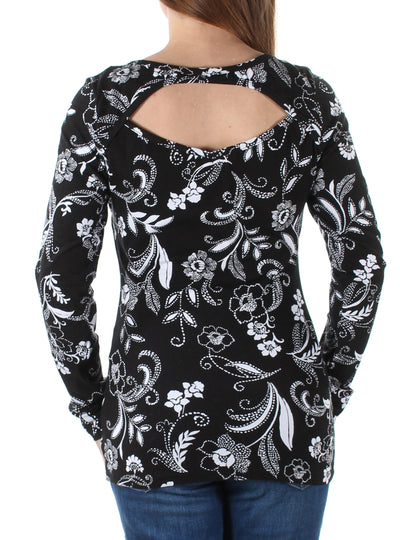 ENERGIE Womens Black Floral Long Sleeve Jewel Neck Top