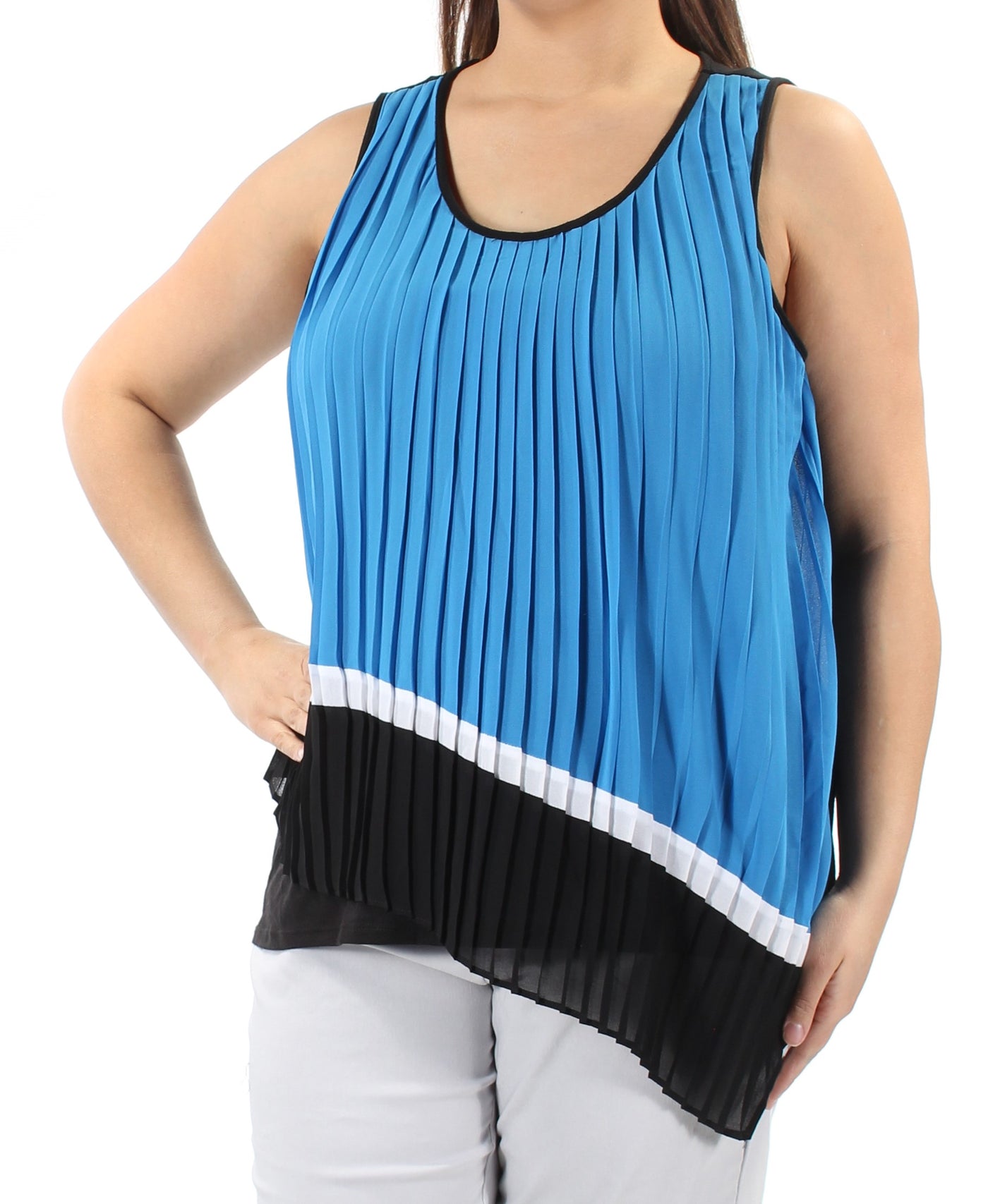 NY COLLECTION Womens Blue Pleated Sleeveless Scoop Neck Top