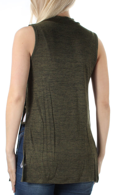 FRESHMAN FOREVER Womens Green Slitted Sleeveless Turtle Neck Top