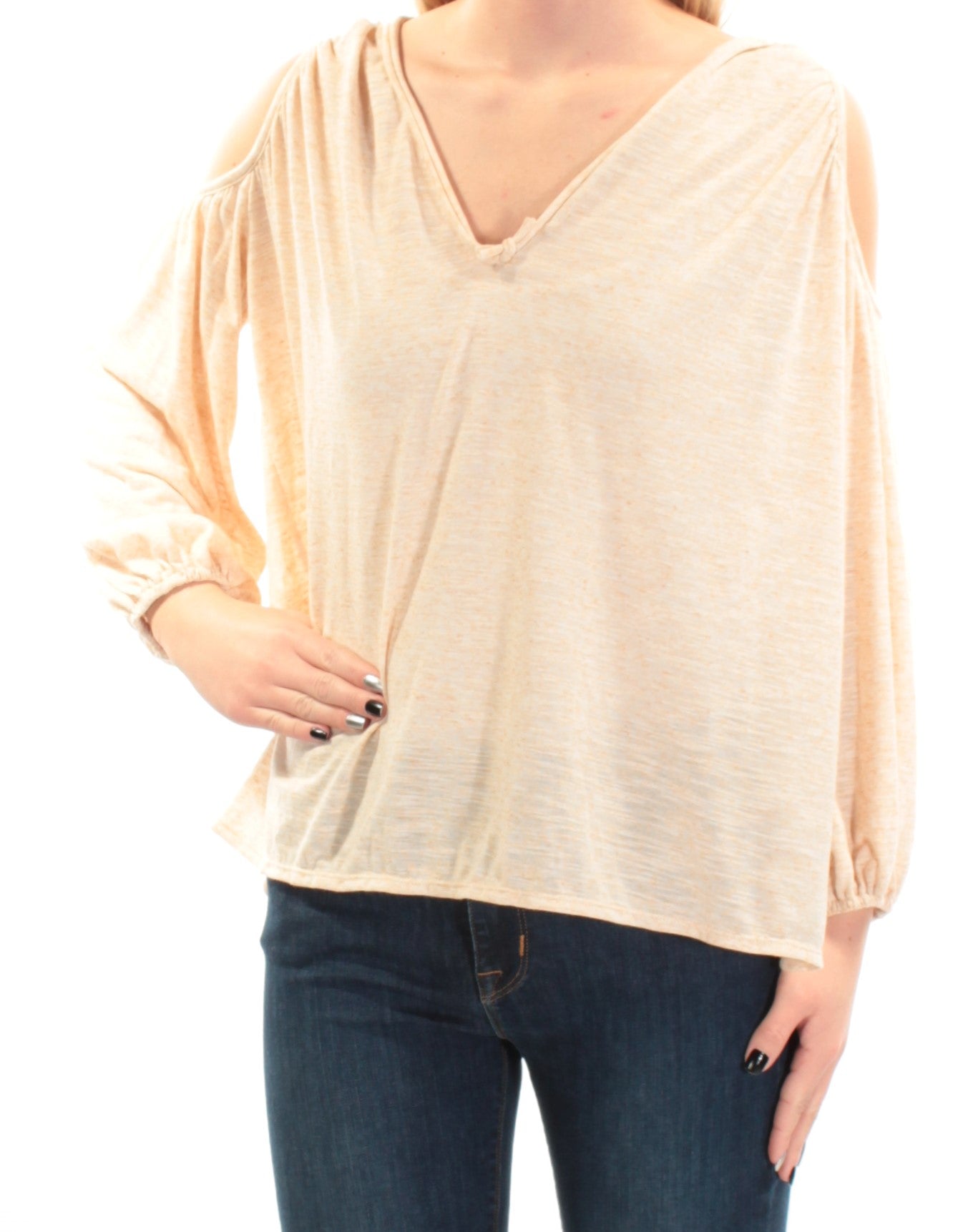 MAX STUDIO Womens Beige Slitted Long Sleeve V Neck Top