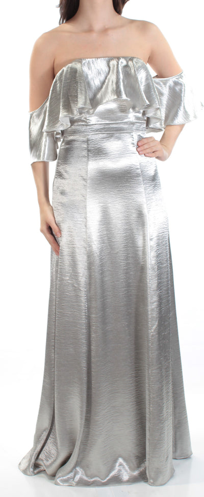 FAME AND PARTNERS Womens Silver 3/4 Sleeve Off Shoulder Full-Length Prom Sheath Dress