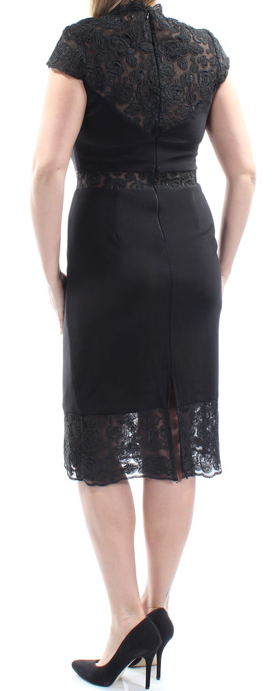 BETSY & ADAM Womens Black Lace Cap Sleeve Jewel Neck Below The Knee Cocktail Sheath Dress