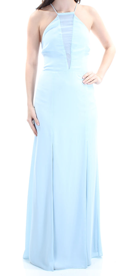 FAME AND PARTNERS Womens Light Blue Slitted Lace-up Back Sleeveless Halter Full-Length Formal Sheath Dress