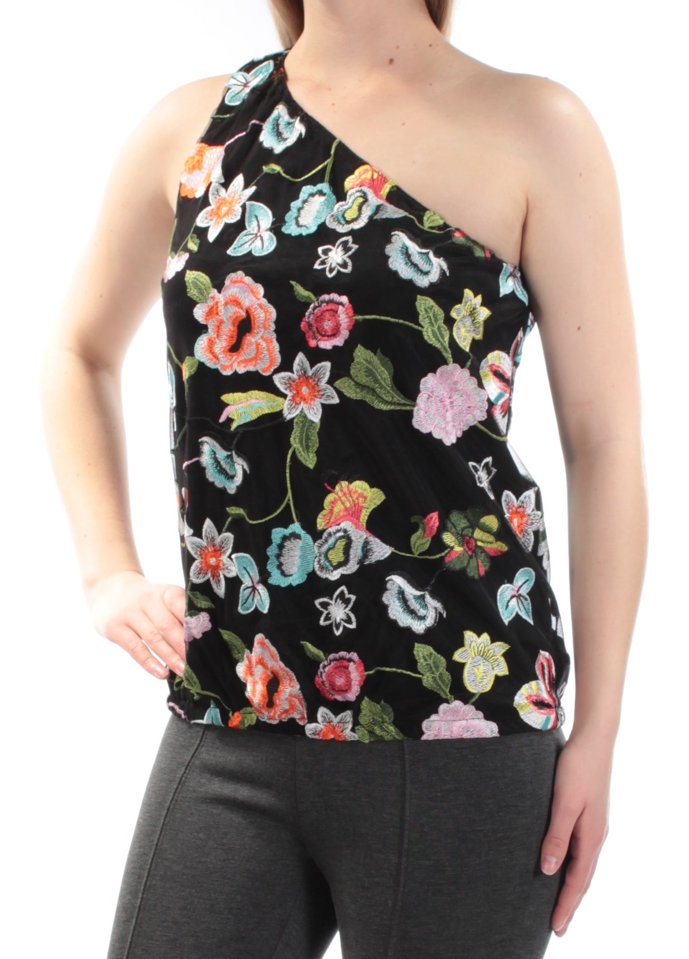 INC Womens Green Floral Sleeveless Asymmetrical Neckline Top