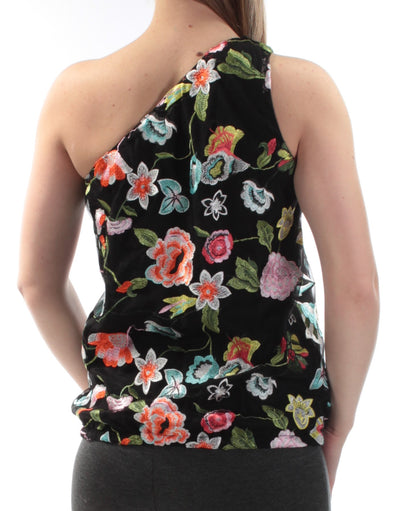 INC Womens Green Floral Sleeveless Asymmetrical Neckline Top