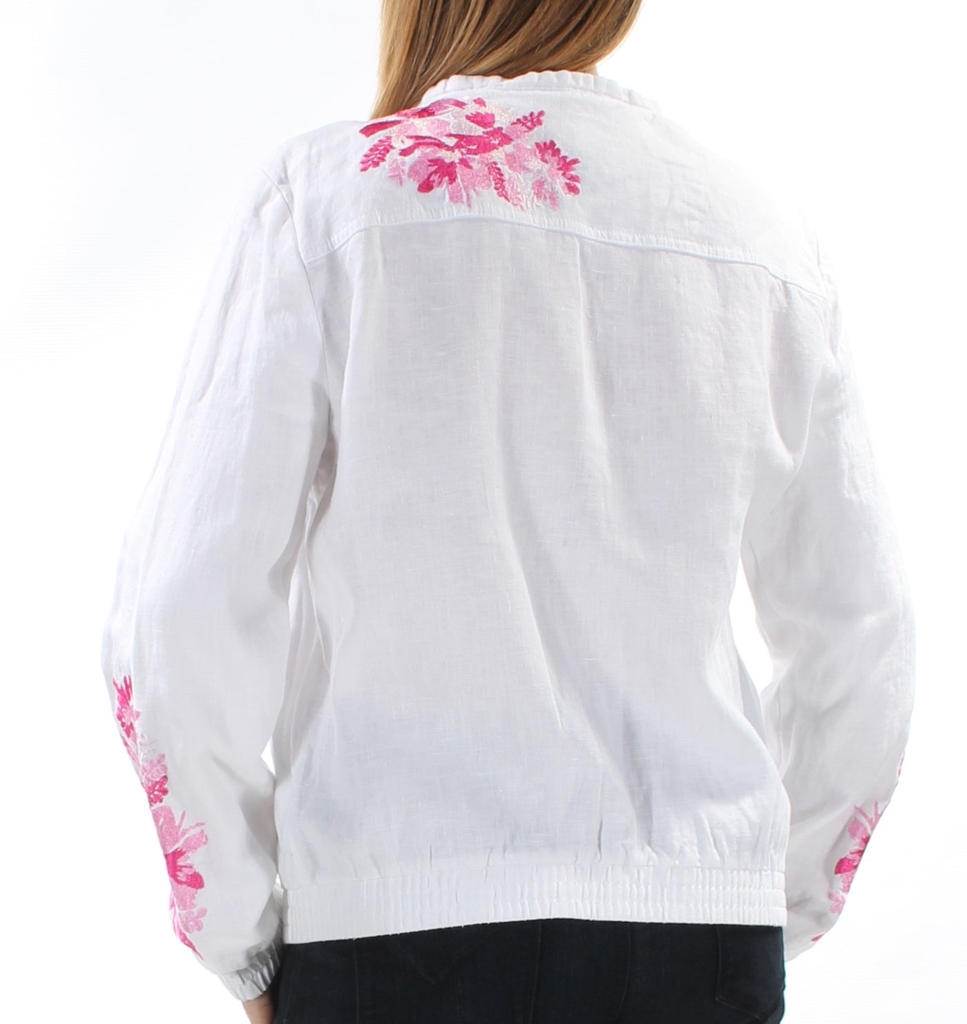 INC Womens Pink Embroidered Floral Zip Neck Zip Up Jacket