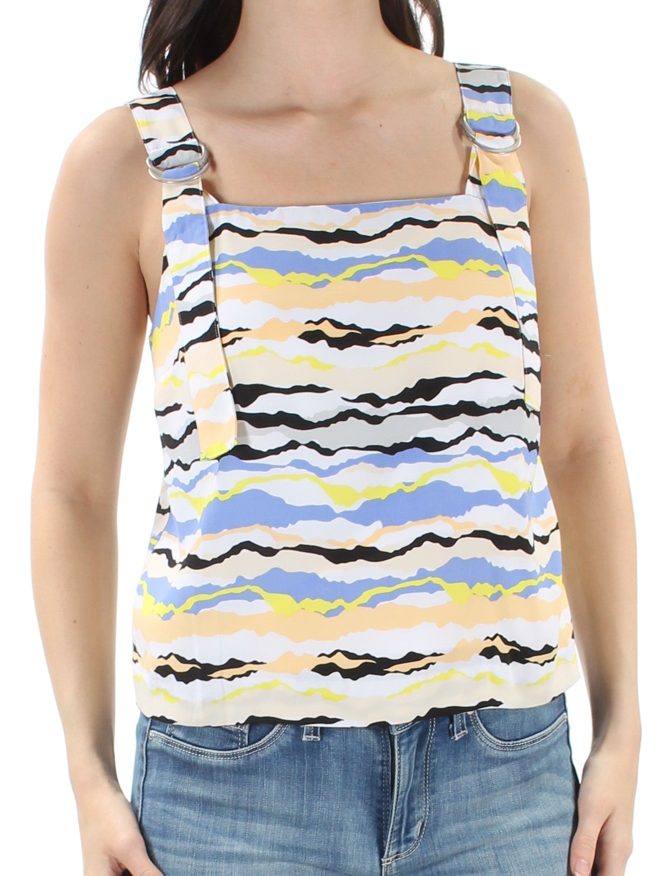 KENSIE Womens Blue Adjustable Strap Striped Sleeveless Square Neck Top