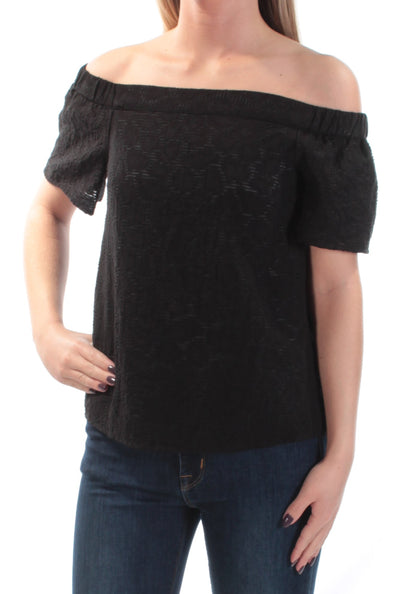 1. STATE Womens Black Textured Short Sleeve Off Shoulder Top