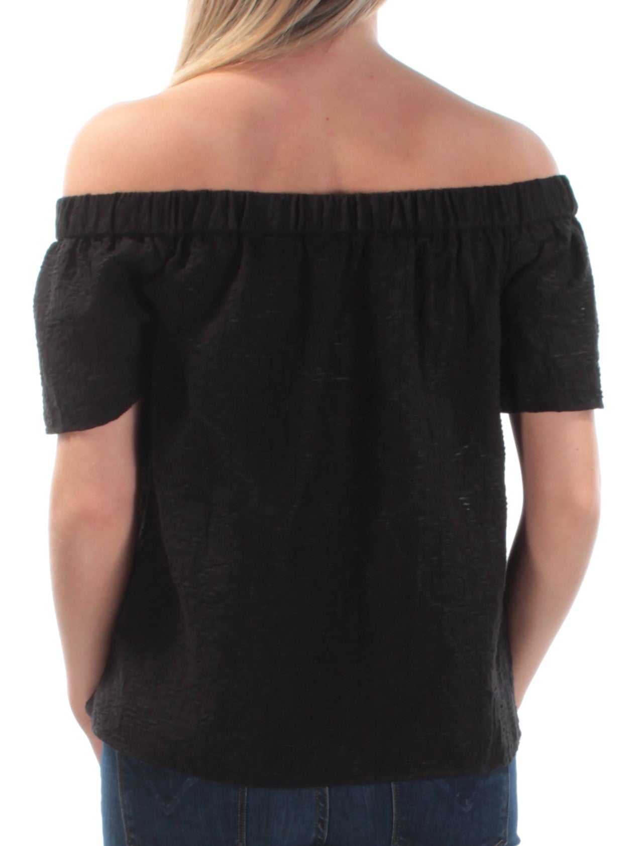 1. STATE Womens Black Textured Short Sleeve Off Shoulder Top