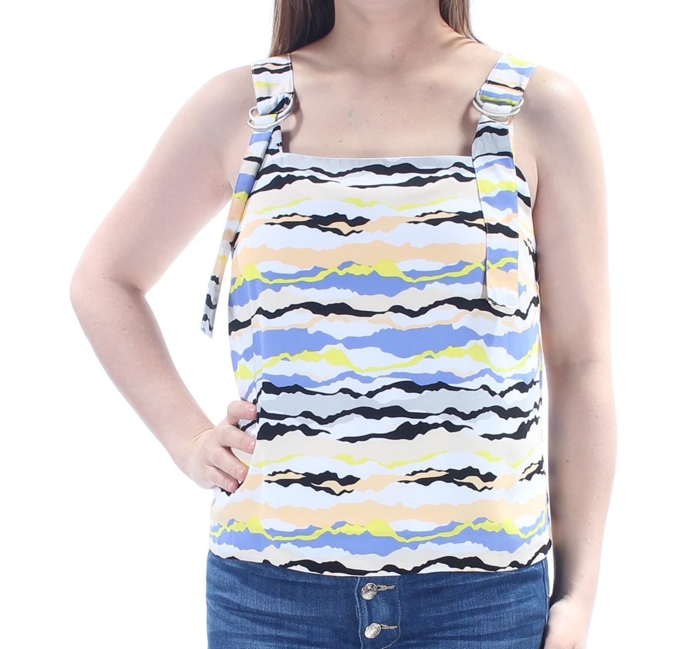 KENSIE Womens Blue Adjustable Strap Striped Sleeveless Square Neck Top