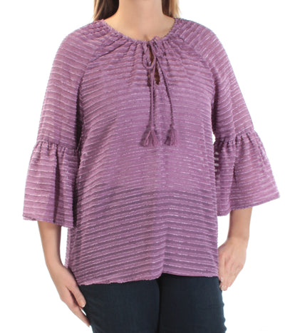 KENSIE Womens Textured Striped Bell Sleeve Jewel Neck Top