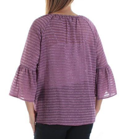 KENSIE Womens Textured Striped Bell Sleeve Jewel Neck Top