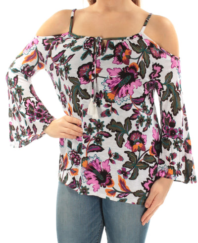 INC Womens Cold Shoulder Floral Long Sleeve Scoop Neck Top