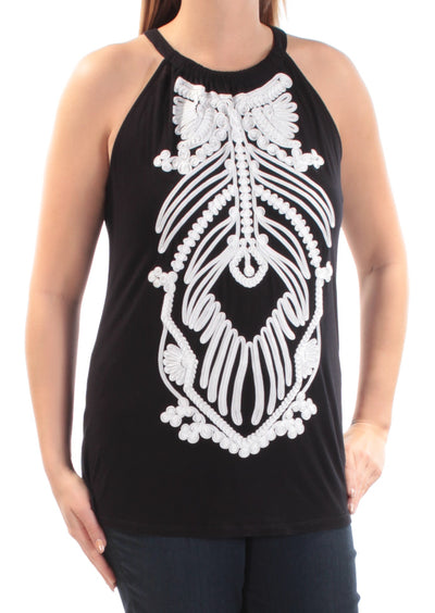 INC Womens Black Embellished Sleeveless Jewel Neck Top