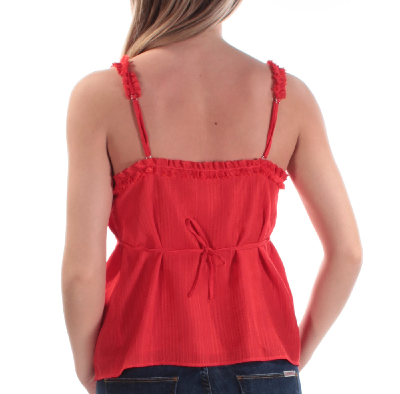 GUESS Womens Red Tie Textured Sleeveless V Neck Top