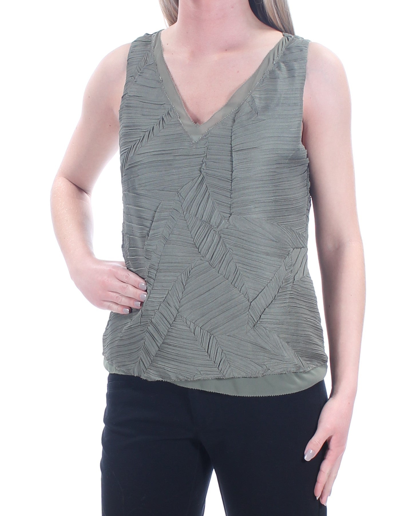 BAR III Womens Green Pleated Sleeveless V Neck Top