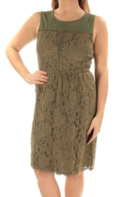 MAISON JULES Womens Green Fringed Lace Floral Sleeveless Jewel Neck Above The Knee Sheath Dress