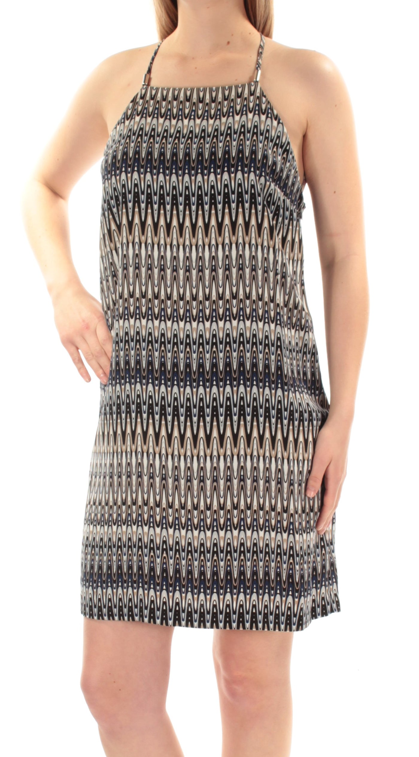 KENSIE Womens Blue Striped Sleeveless Halter Above The Knee Shift Dress