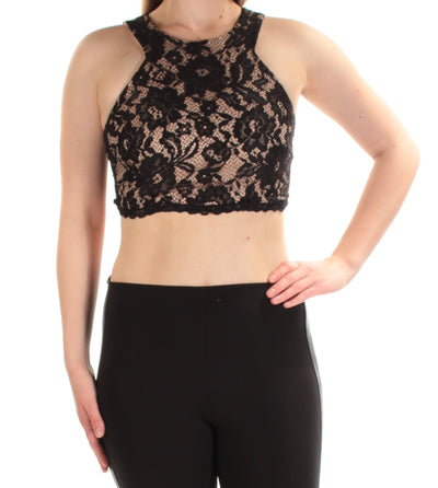 XSCAPE Womens Black Lace Sleeveless Jewel Neck Formal Crop Top