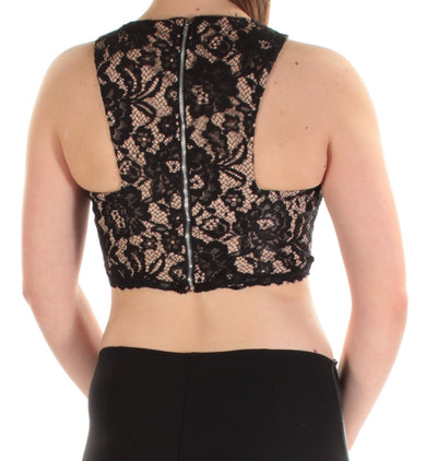 XSCAPE Womens Black Lace Sleeveless Jewel Neck Formal Crop Top