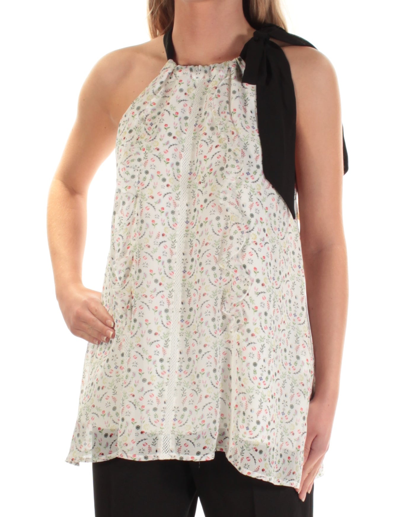 CYNTHIA ROWLEY Womens White Floral Sleeveless Jewel Neck Top