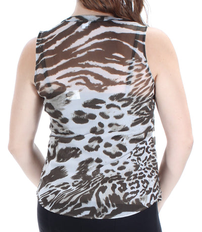 INC Womens Green Sheer Rhinestone Pleated Animal Print Sleeveless V Neck Top