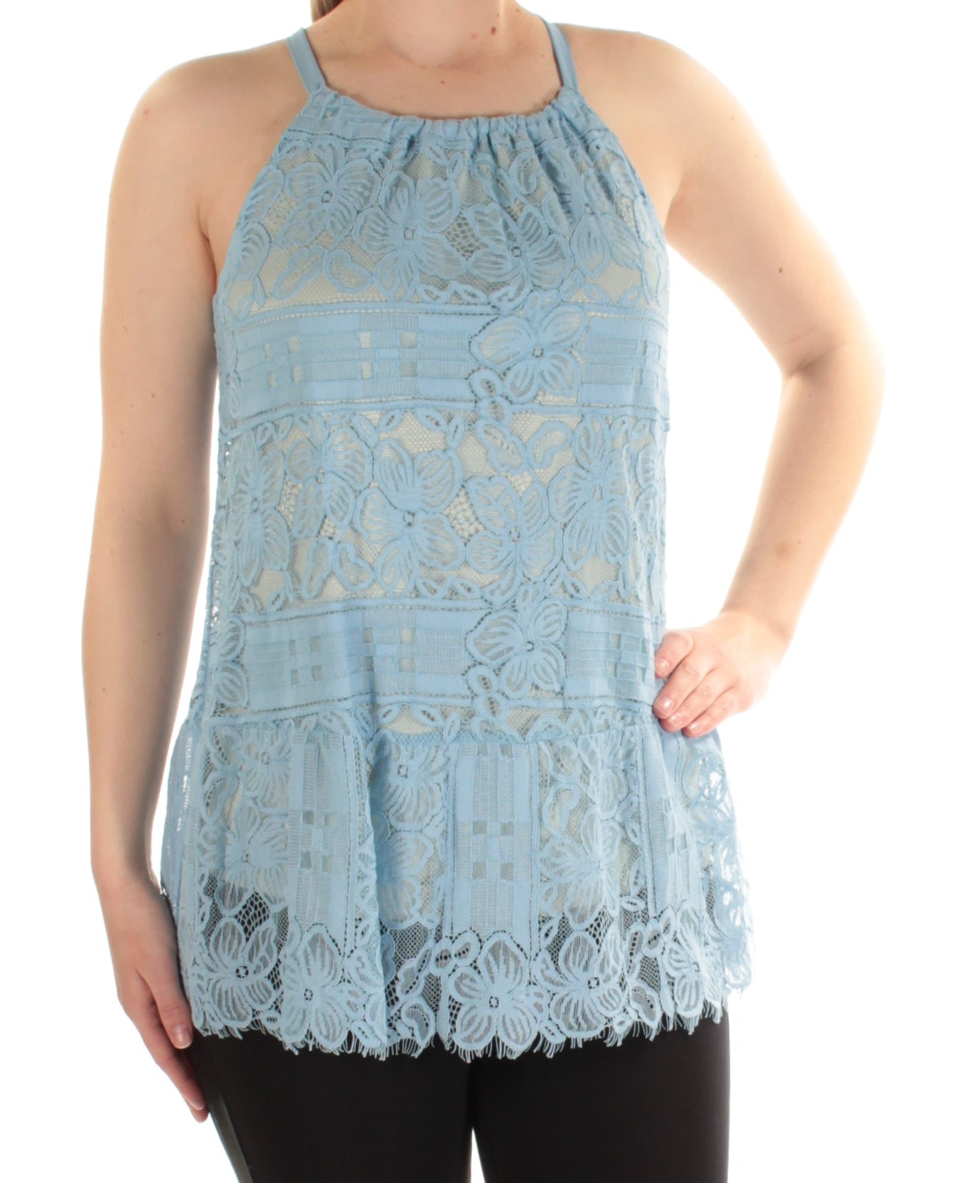 ALFANI Womens Light Blue Lace Sleeveless Halter Tank Top